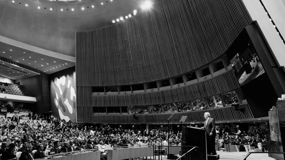 The Secretary-General delivers a speech in the General Assembly Hall.