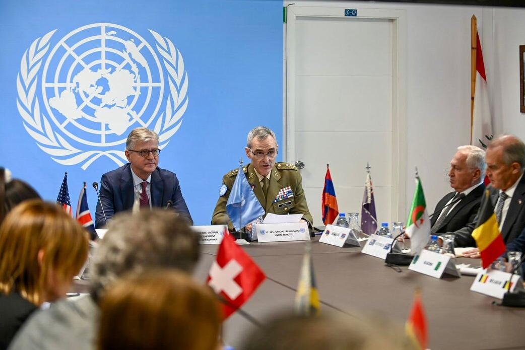 Jean-Pierre Lacroix addresses a meeting room.